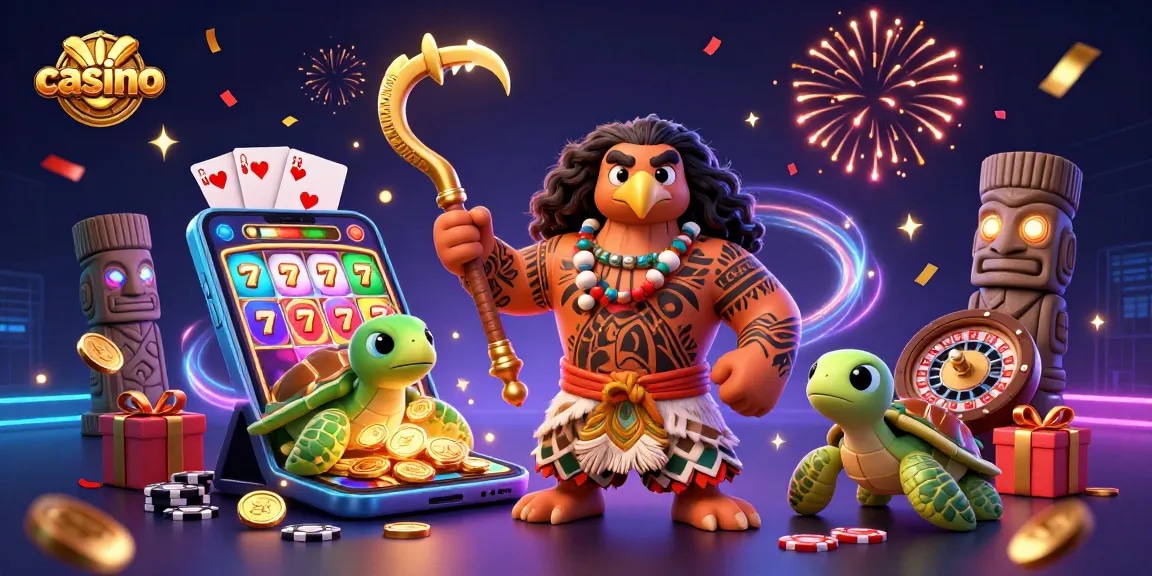 Experience the excitement at the casino as a demigod and turtle play vibrant slot games with golden coins and festive elements.