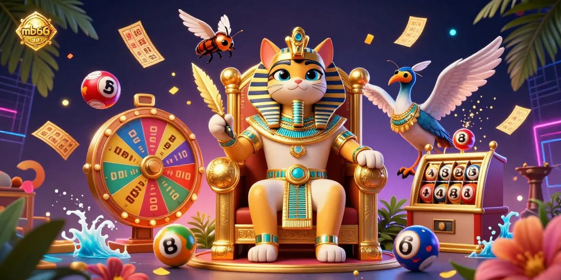 Engage with mb66's vibrant lottery scene, showcasing a pharaoh cat and ibis amidst dynamic gaming elements.