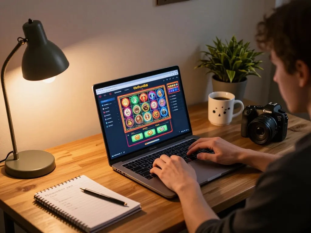 Engaging in online casino gameplay with okfun88, showcasing vibrant slots on a cozy gaming setup.