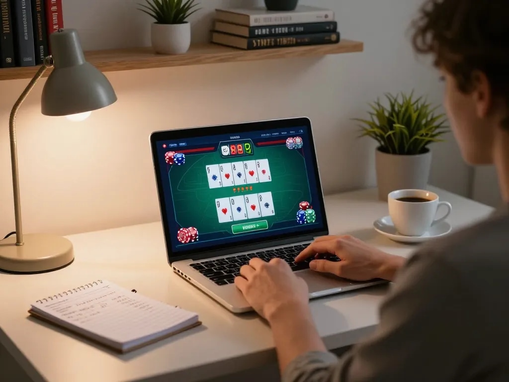 Engaging online poker session with 11win displayed on the laptop, emphasizing strategic gameplay and responsible gambling.