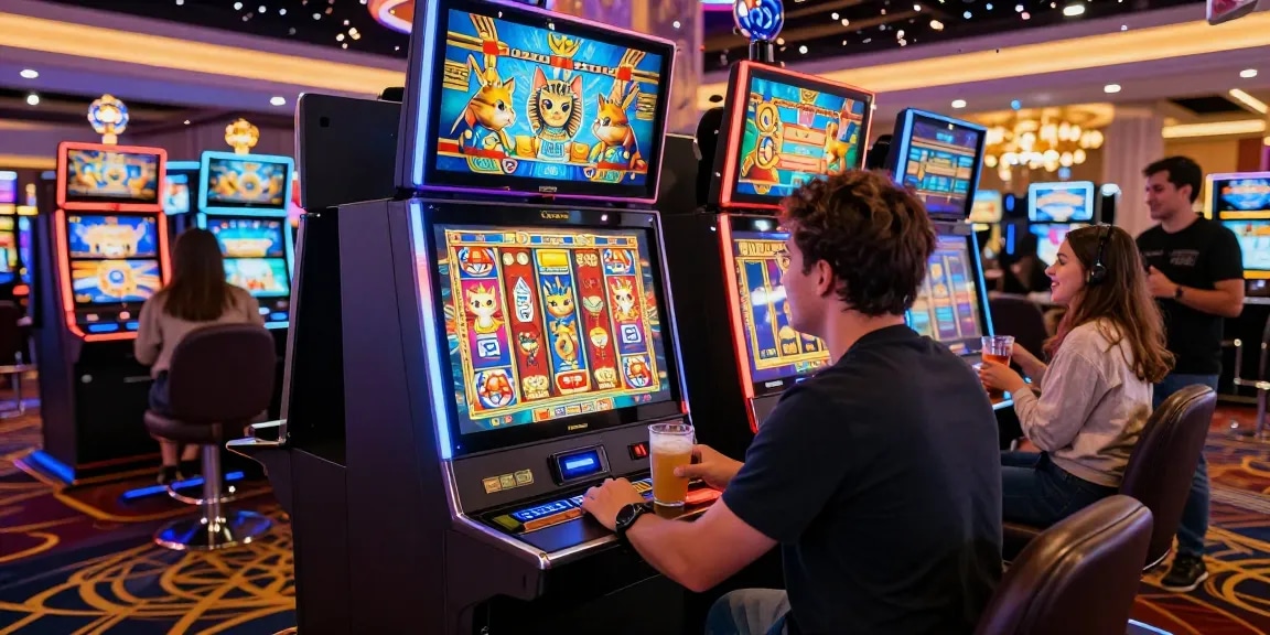 Exciting moment playing Cleocatra slot game in a lively casino atmosphere.