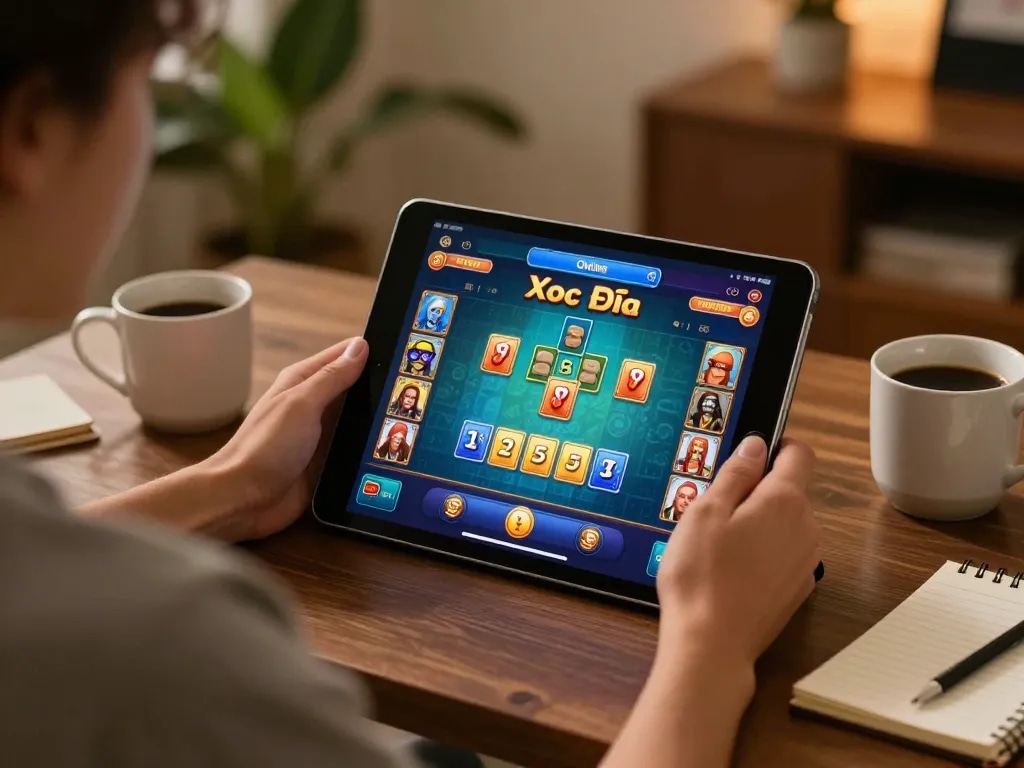 Xóc Đĩa Online gaming session on a tablet in a cozy setup with strategic notes on the table