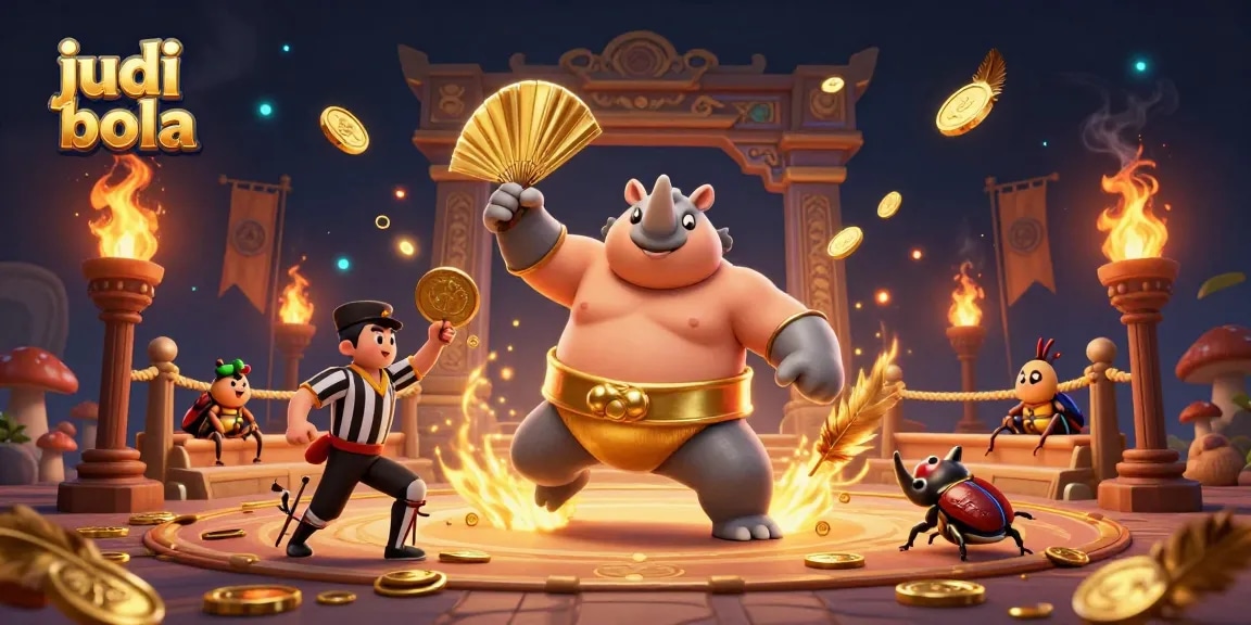 Experience judi bola thrills with a dynamic scene of a sumo beetle champion amidst gold coins.