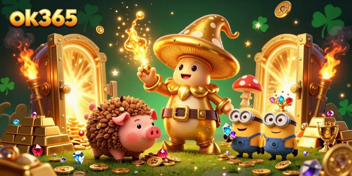 Experience the magic of ok365 with golden treasures and engaging gameplay in this vibrant casino illustration.