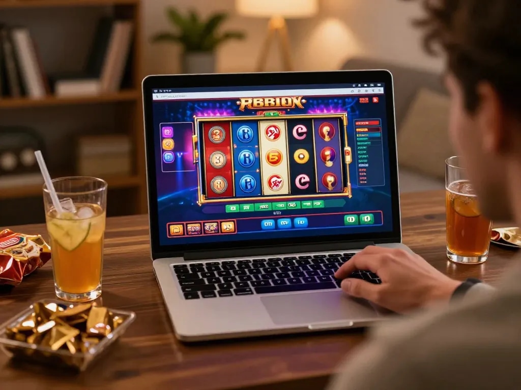 Player engaging with tr88 online casino slot games on a modern laptop at home.