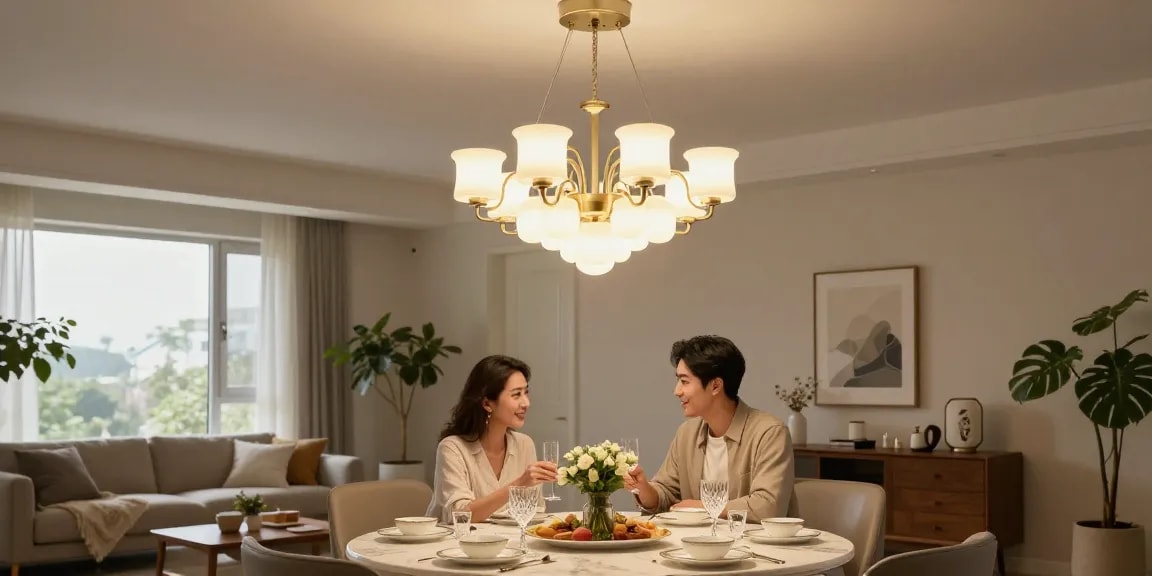 Candelabru elegant LED iluminând o masă de dining într-un living modern, creând o atmosferă primitoare.
