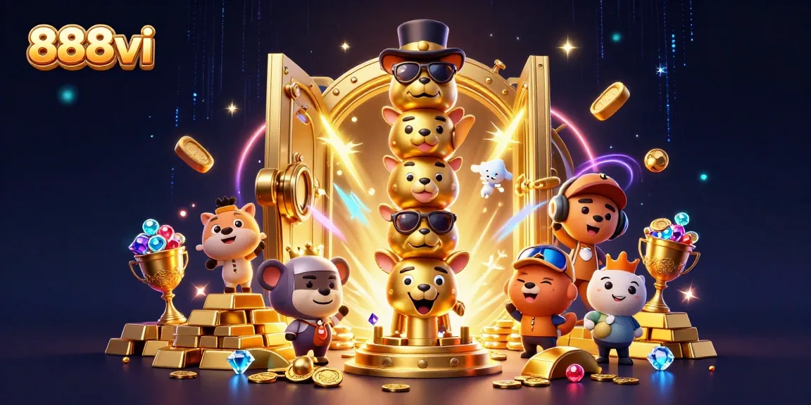 888vi showcases a dynamic 3D scene with a golden totem and rich casino elements, enriching gameplay experience.