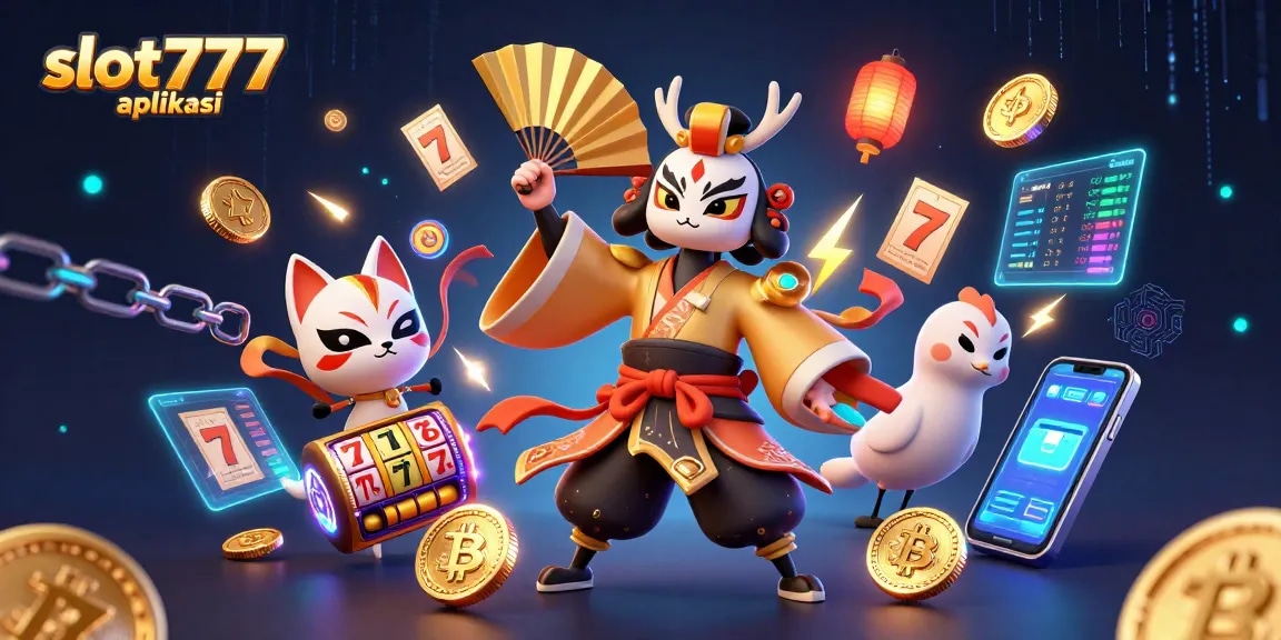 Engage with slot777 aplikasi showcasing thrilling slot gameplay amidst vibrant 3D visuals and digital currencies.