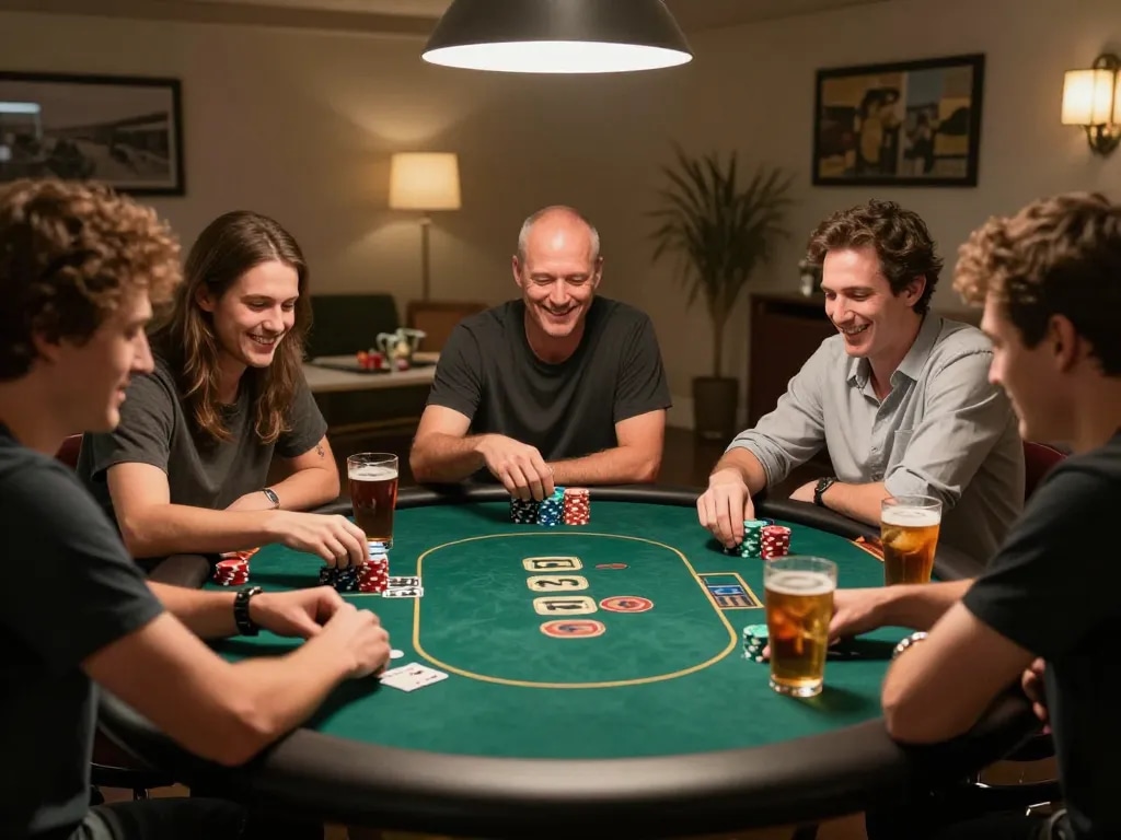 Players enjoying a home poker game while strategizing their bets in FA88.
