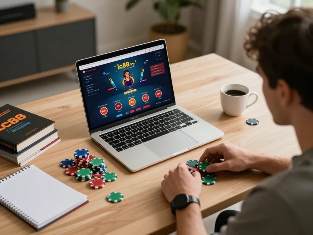 Engaging in lc88 vip poker gameplay on a laptop, showcasing a player's strategic setup.