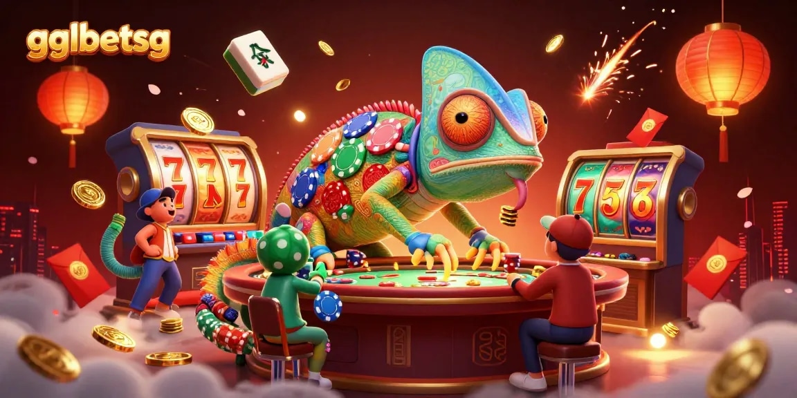 Experience thrilling gameplay with gglbetsg through vibrant gaming elements and a colorful chameleon casino owner.