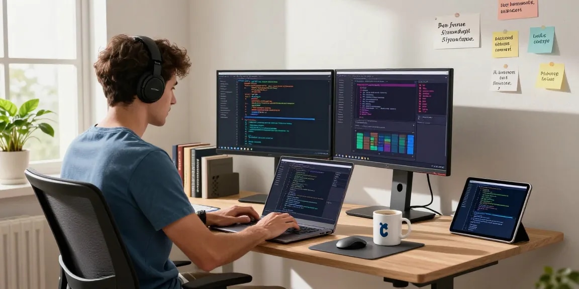 WPS Download workspace scene with developer coding on laptop, dual monitors, and inspirational decor.