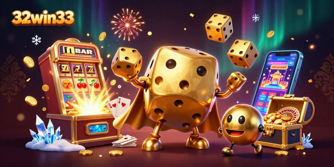 Engaging 32win33 virtual casino experience featuring golden dice and slot machines bursting with wins.