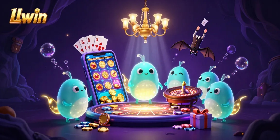 Experience LLwin's vibrant casino atmosphere with glowing characters and dynamic gambling elements.