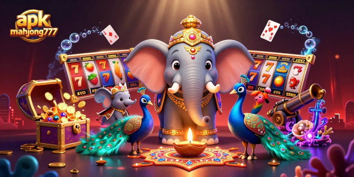 Experience the excitement of apk mahjong777 in this vibrant 3D illustration filled with slot symbols and dynamic casino elements.