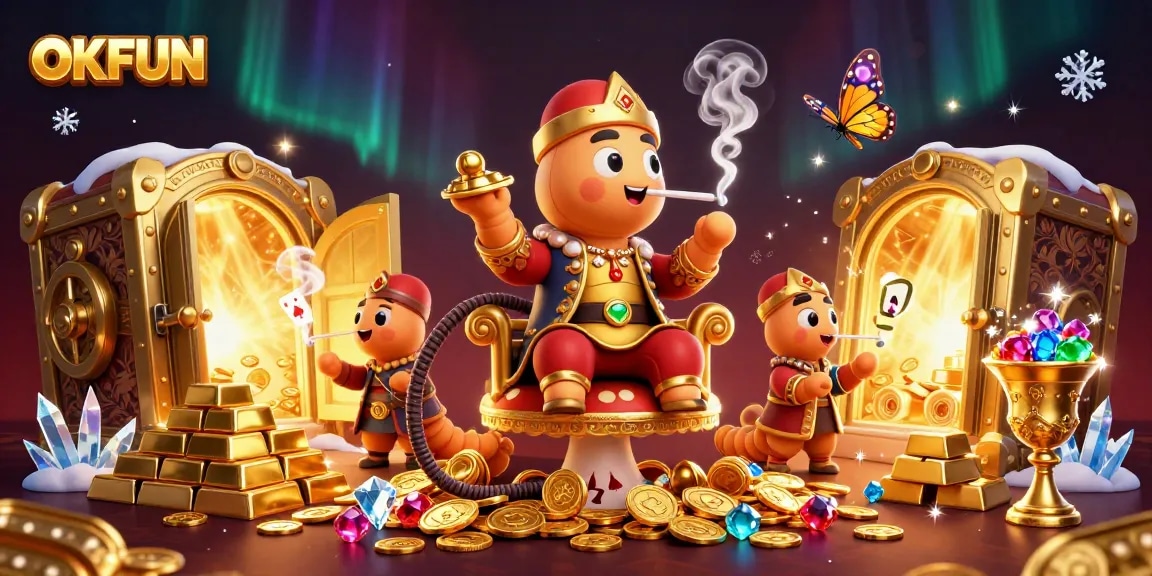 Win big with OKFUN at the vibrant casino, featuring a whimsical caterpillar master in a golden setting.