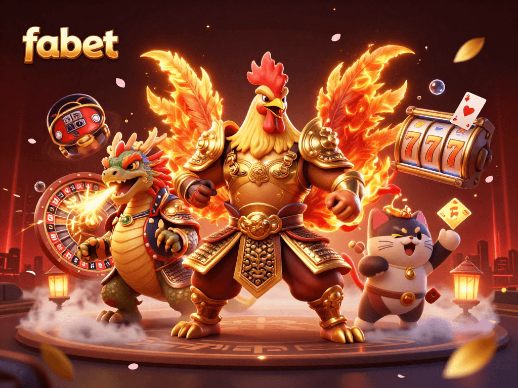 Engaging scene featuring fabet’s powerful rooster warrior and dragon hatchling amidst casino elements.
