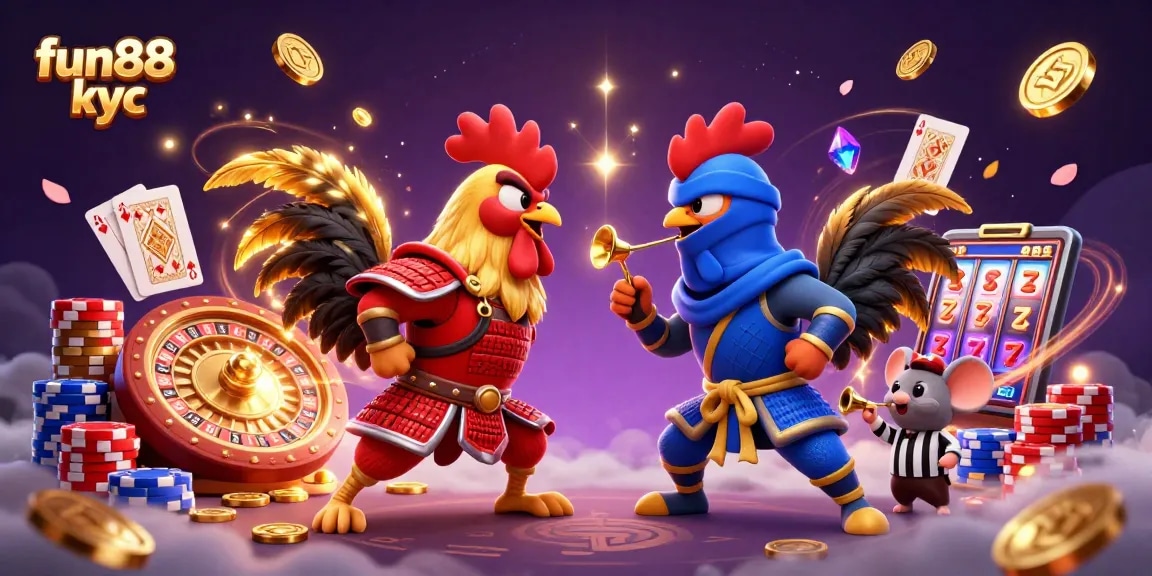 Cá cược tại fun88 kyc với hình ảnh những chú gà chiến 3D đầy màu sắc trong một không gian cá cược sôi động.