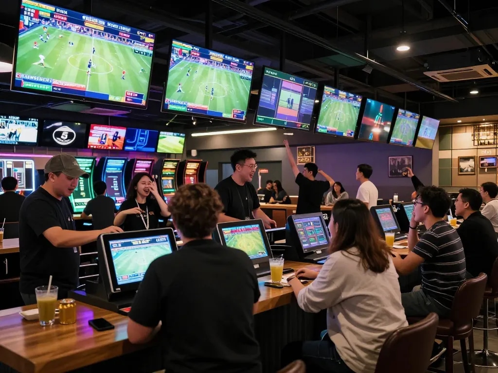 Exciting sports betting scene highlighting Kèo Nhà Cái 5 amidst enthusiastic fans placing bets and watching games live