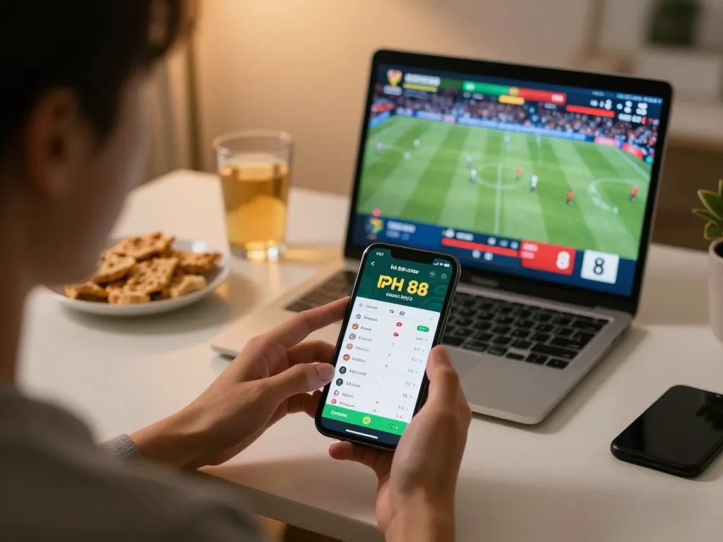 Engaging in kèo nhà cái 88 betting action at home with smartphone and laptop during live sports event.