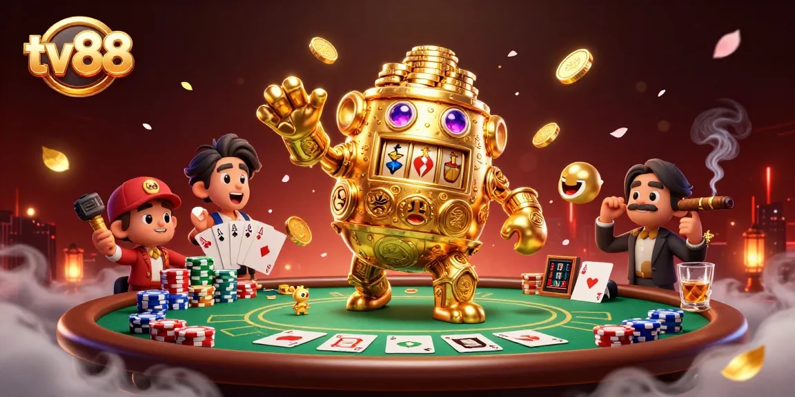Engage with tv88's thrilling casino action featuring a golden golem and poker dynamics.