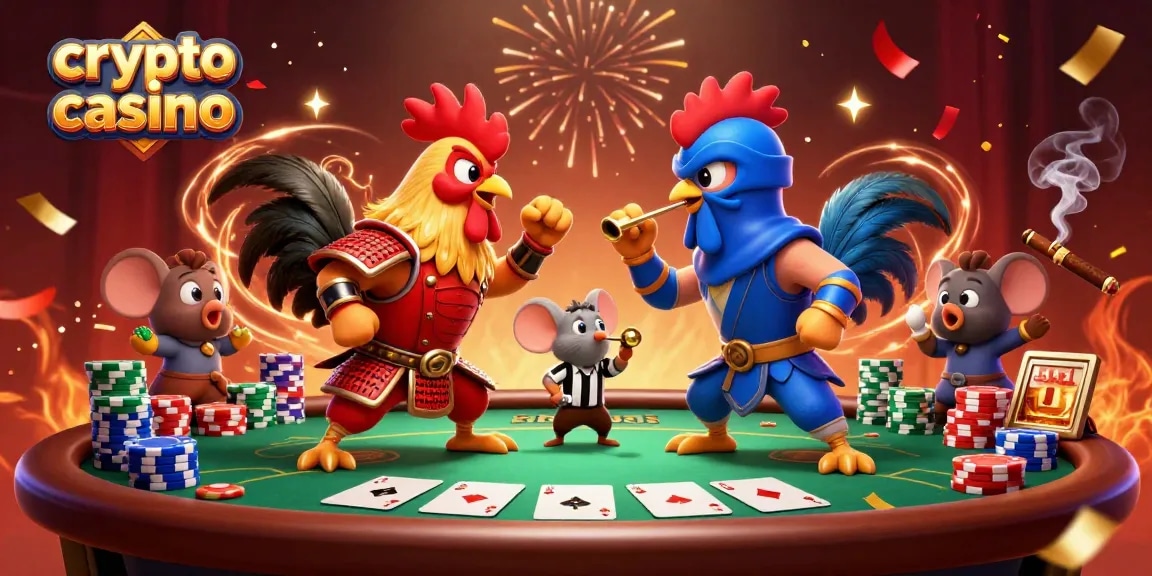 Jouez au crypto casino avec des poulets cartoon en combat, des jetons et des éléments de poker.