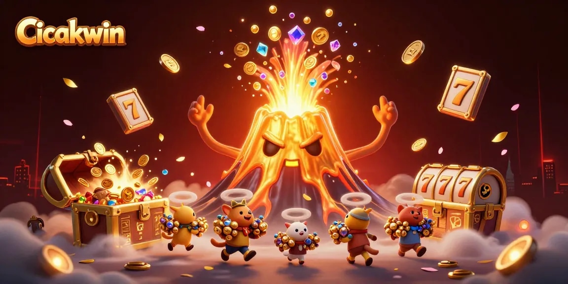 Cicakwin offers thrilling gameplay with vibrant treasures amid an erupting golden volcano.