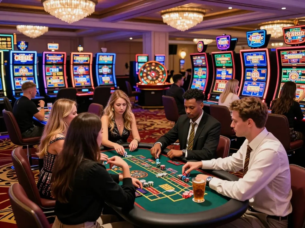A diverse group of players enjoying games at RR88 com casino with vibrant atmosphere and exciting gaming options.