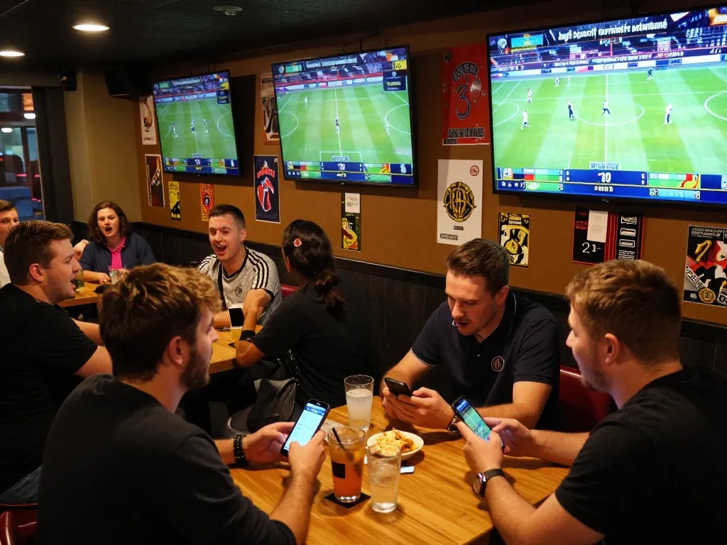 Amis enthousiastes participant à des paris sportif virement instantané dans un bar sportif animé