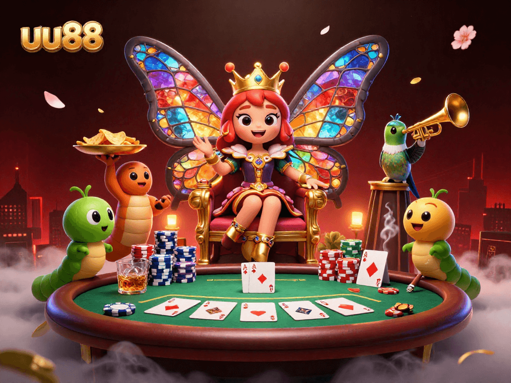 Engage in thrilling poker action at uu88 with a colorful butterfly queen amidst vibrant casino elements.