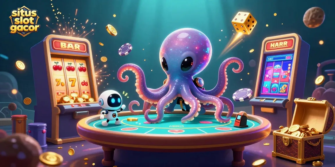 Experience thrilling games at situs slot gacor with a vibrant alien octopus and jackpot treasures.
