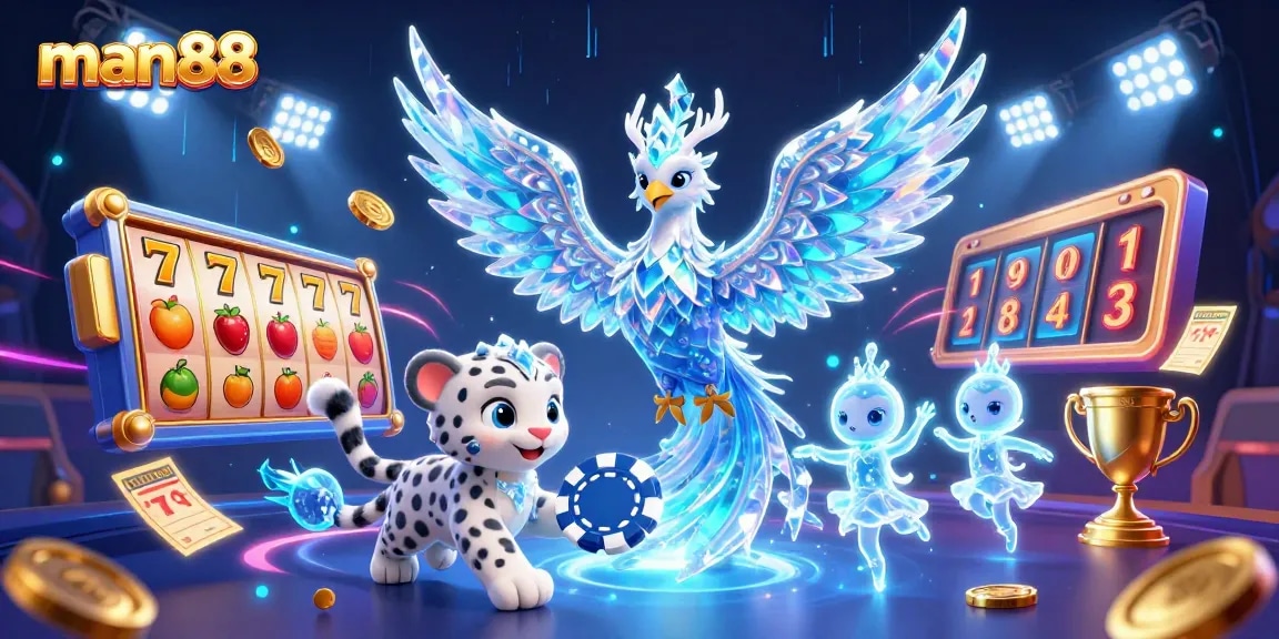 man88 reveals thrilling online casino adventures with an enchanting ice phoenix and vibrant gaming elements.