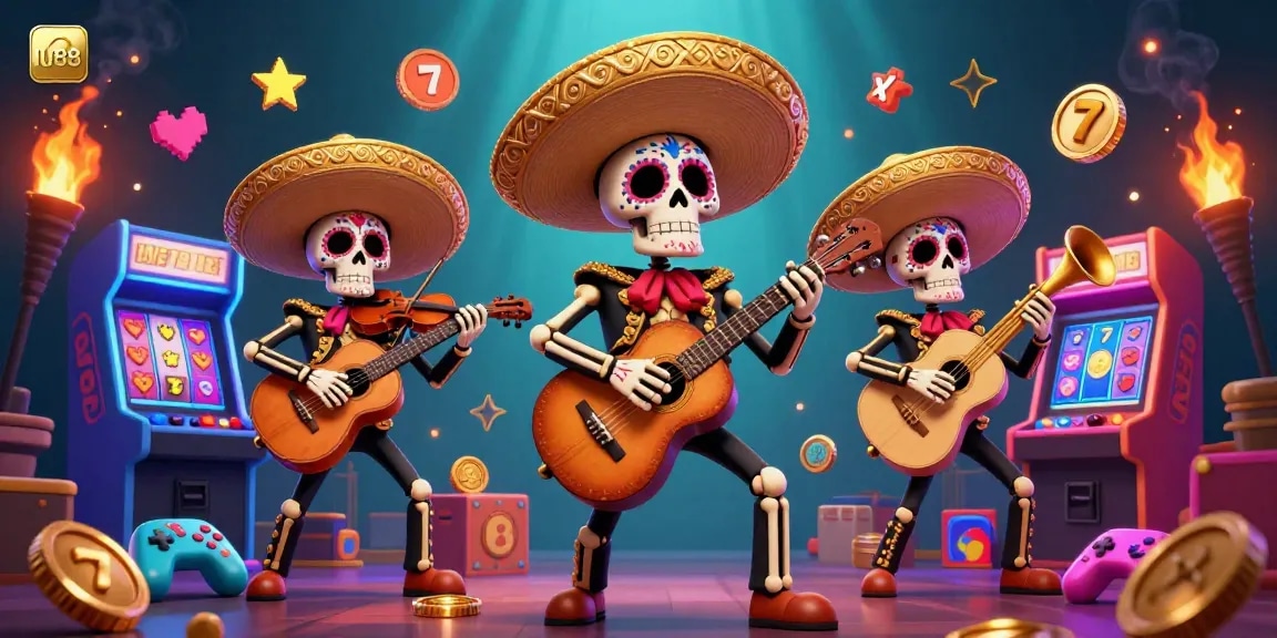 Engage with authentic lu88 gaming in a vibrant Dia de los Muertos scene, featuring festive skeletons playing instruments.