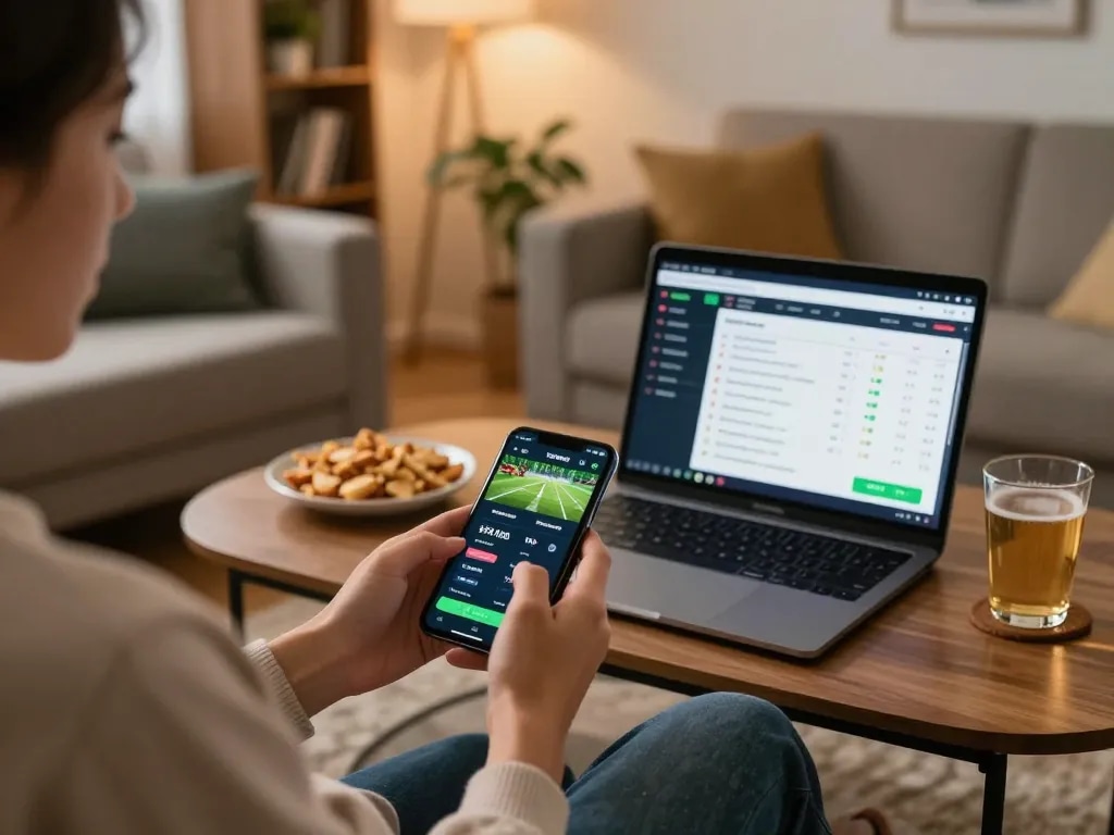 Engaging with TOPBET app on smartphone during online sports betting session at home