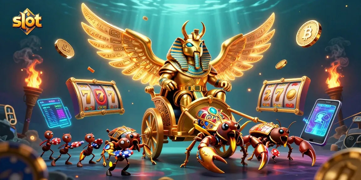 Experience thrilling slot action with a colossal golden scarab beetle amid vibrant gaming elements