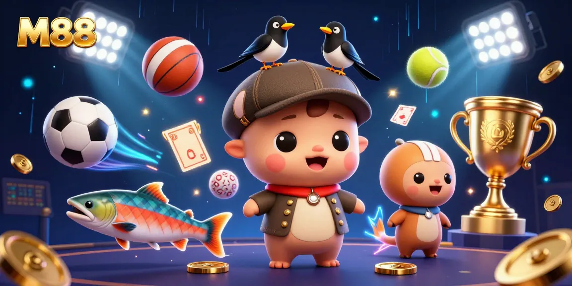 M88 welcomes gamblers to a vibrant casino world filled with playful characters, gold coins, and sports elements.