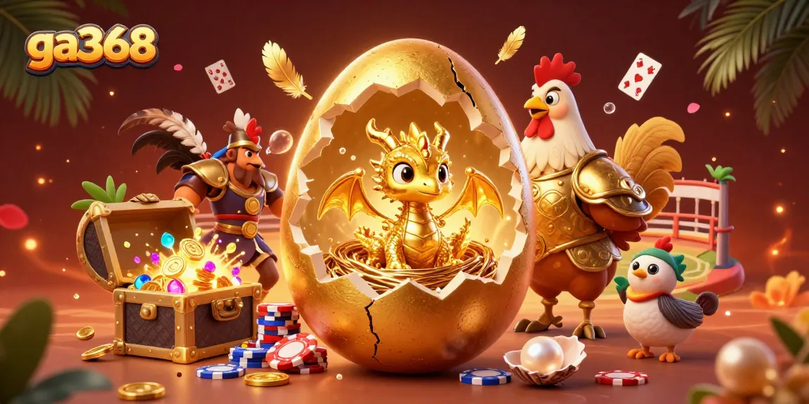 Engage in thrilling cockfighting action with ga368's golden dragon and poker chips in a vibrant arena.