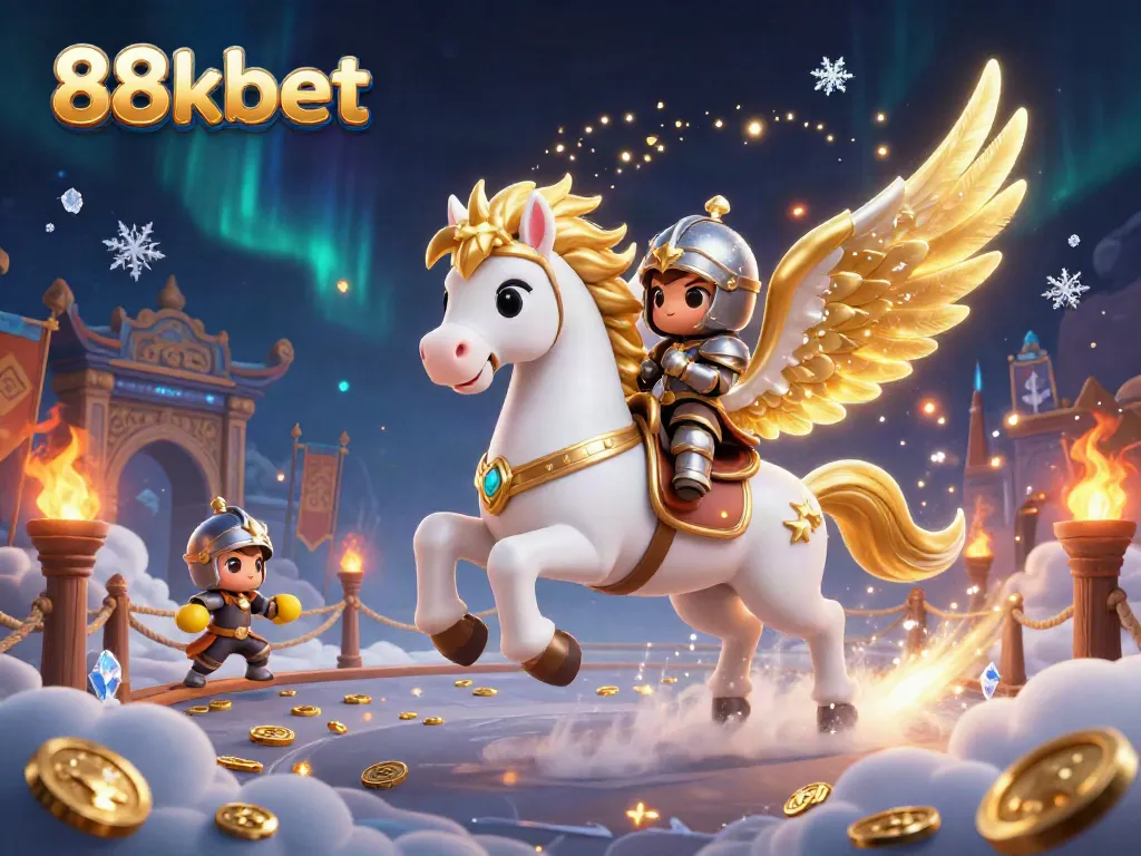 Engage in thrilling gameplay at 88kbet with a magical scene showcasing a celestial horse, knight, and casino elements.