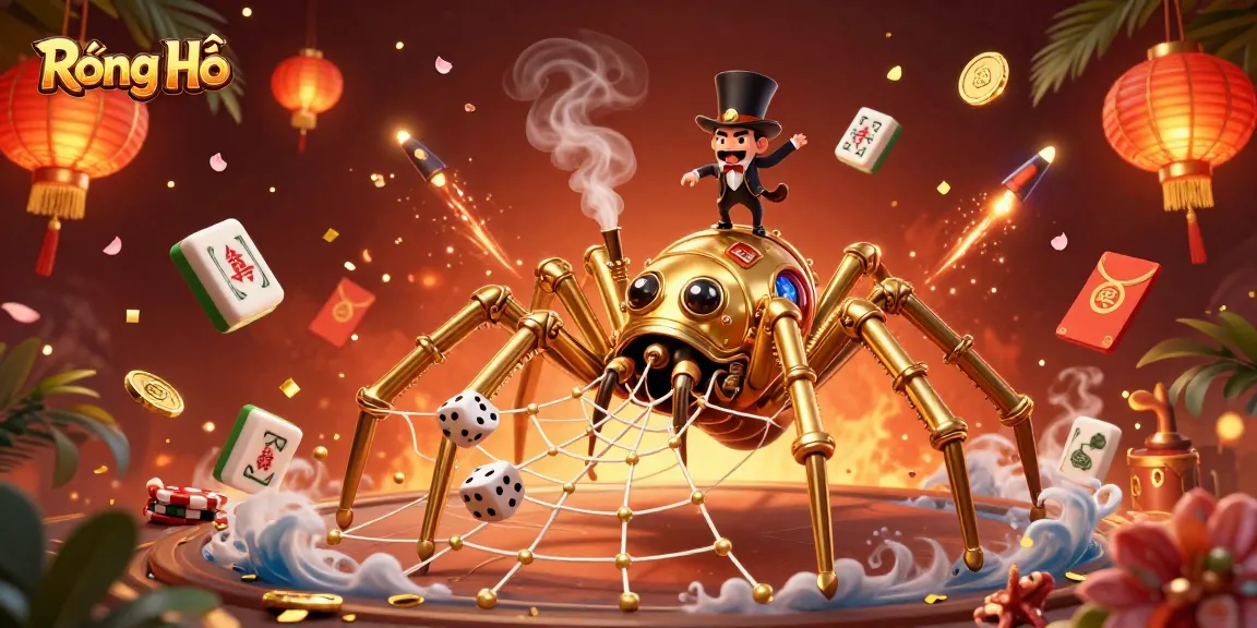 Exciting Rồng Hổ scene illustrating a steampunk spider and gentleman in a rich casino atmosphere.