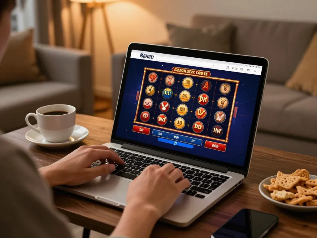 Une expérience de jeu engageante aux casinos en ligne avec un utilisateur concentré sur les machines à sous en ligne dans un cadre confortable.