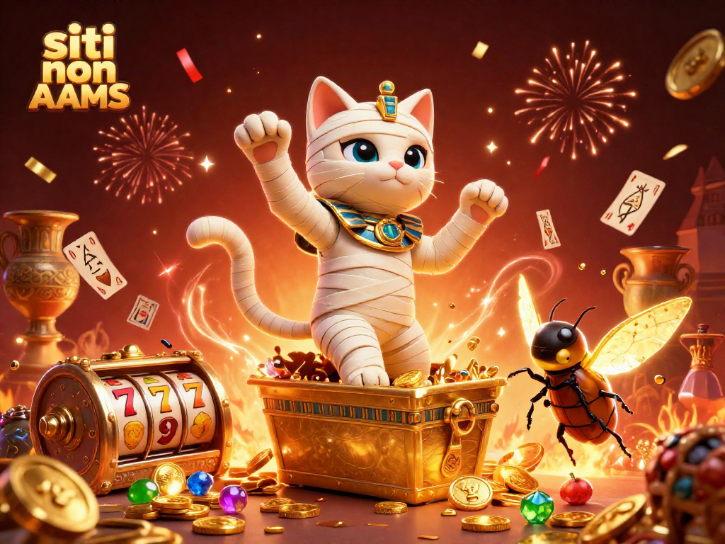 Illustrazione di casinò con il gatto mummia egiziano che emerge e descrive siti non AAMS tra giochi e ricchezze.