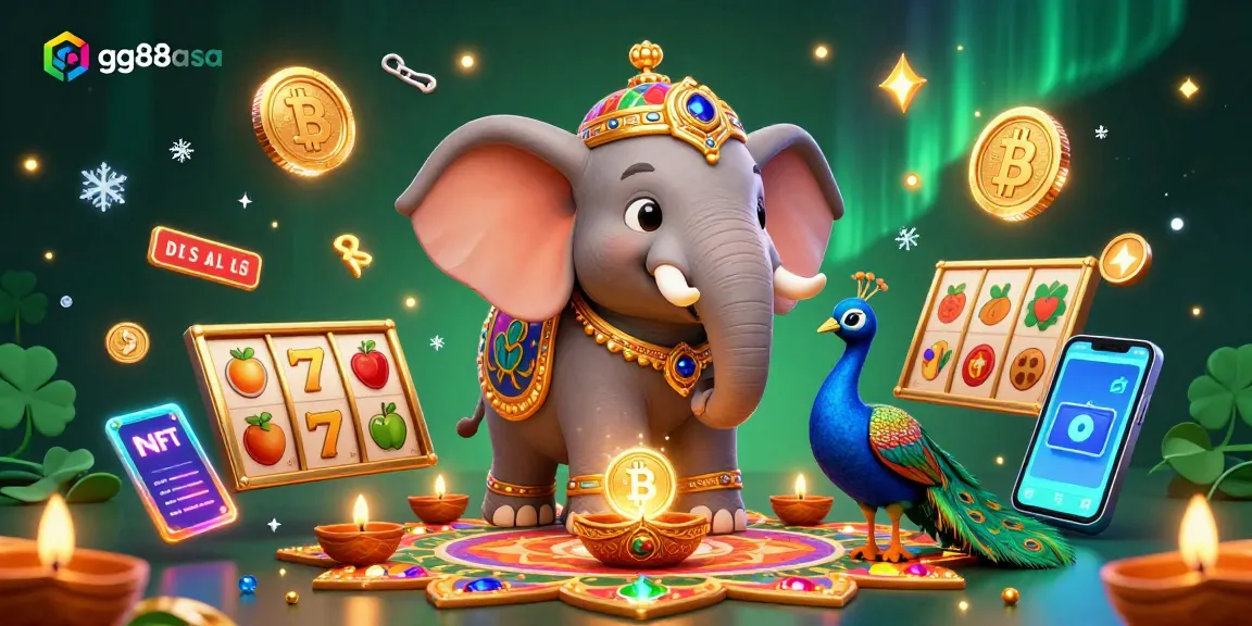 Engage with the vibrant 3D illustration for gg88a sa, featuring an elephant, coins, and colorful casino elements.
