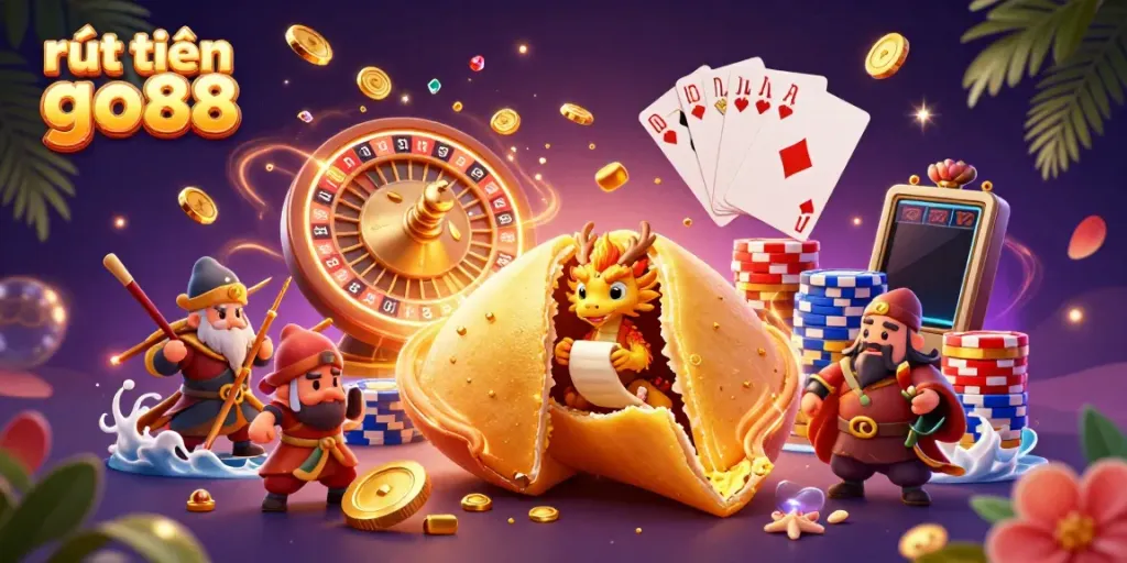 Experience rút tiền go88 with dynamic gaming elements, including fortune cookies and casino symbols.