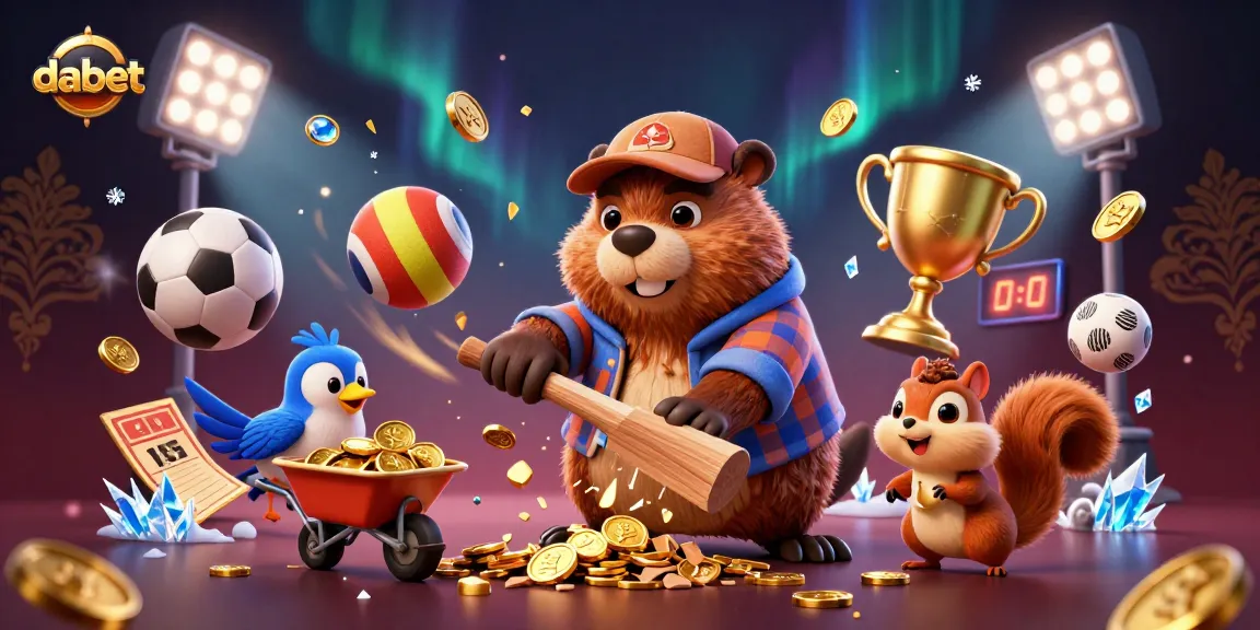 dabet showcases a vibrant gambling scene with a beaver, bird, and squirrel amidst sports betting elements.