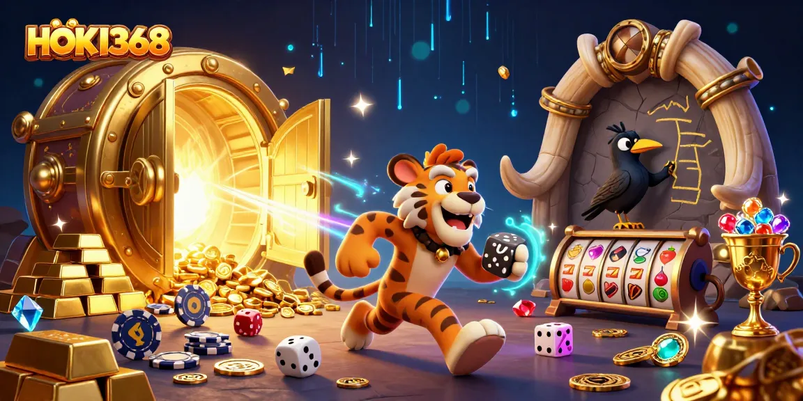 Engage with HOKI368 in an exciting 3D casino scene featuring vibrant characters and game elements.