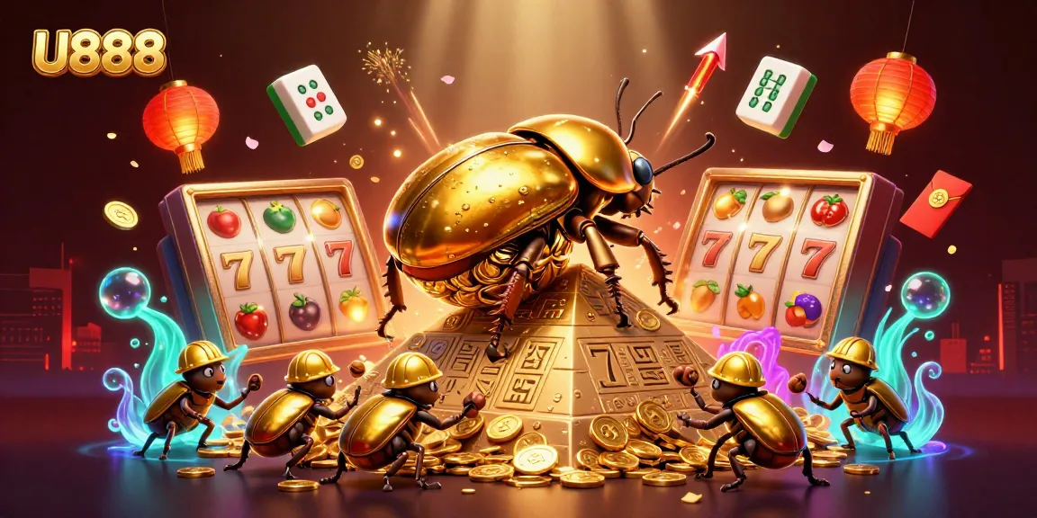 U888 shows a golden beetle rolling coins, symbolizing casino jackpot excitement
