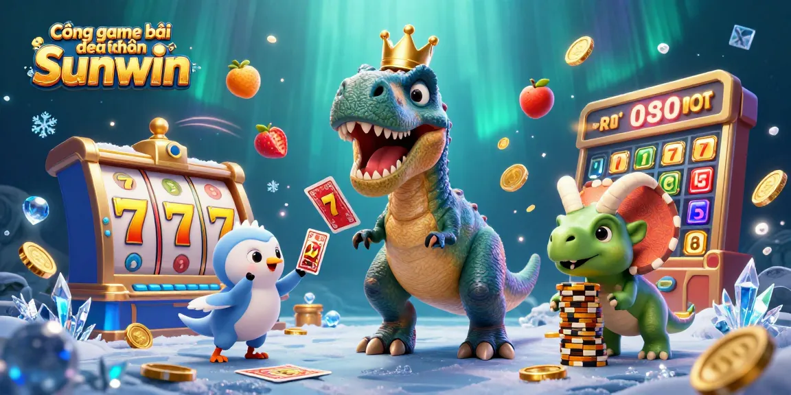 Experience the excitement at Cổng game bài đổi thưởng Sunwin with an interactive casino scene featuring playful dinosaurs.