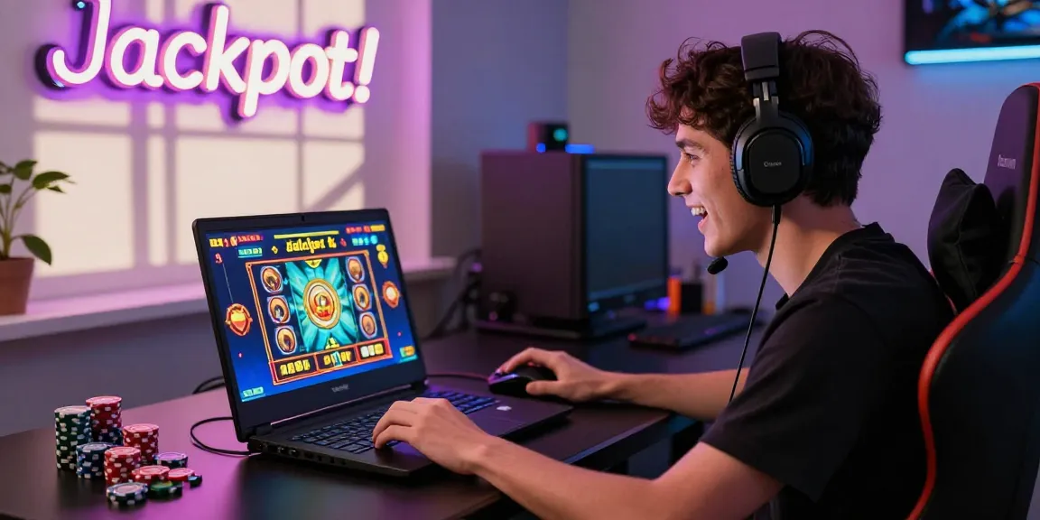 Excited player enjoying slot depo 1k game in modern gaming setup with colorful graphics.