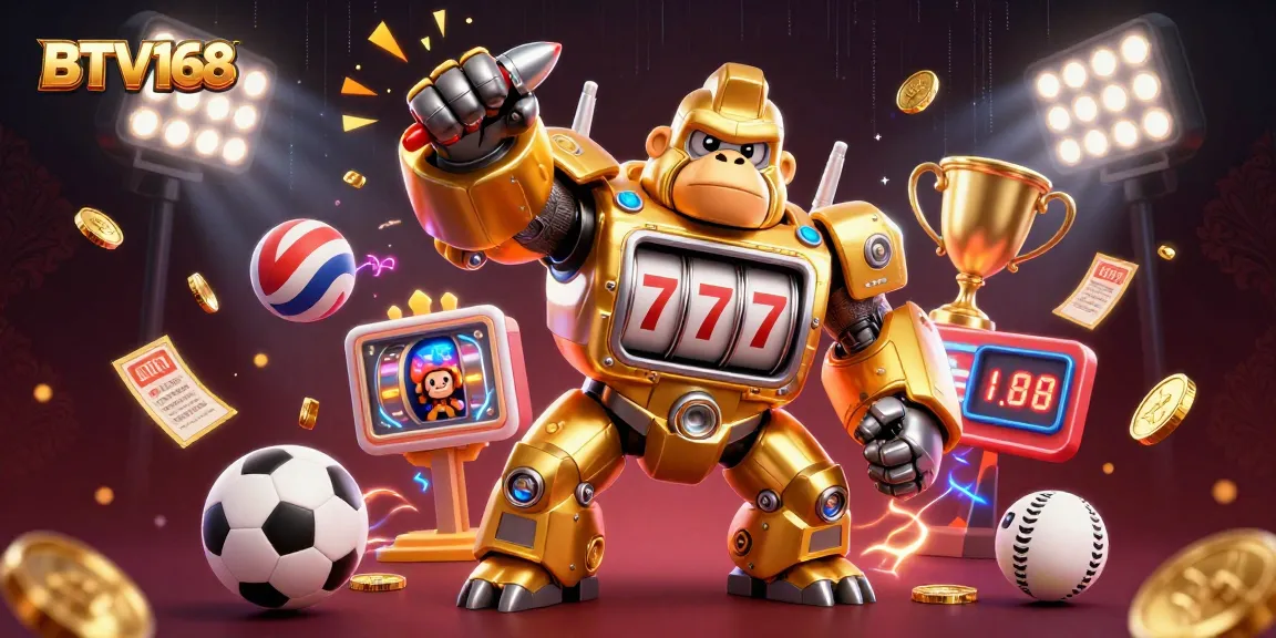 BTV168 features an impressive golden gorilla mech celebrating winning, surrounded by dynamic sports elements.
