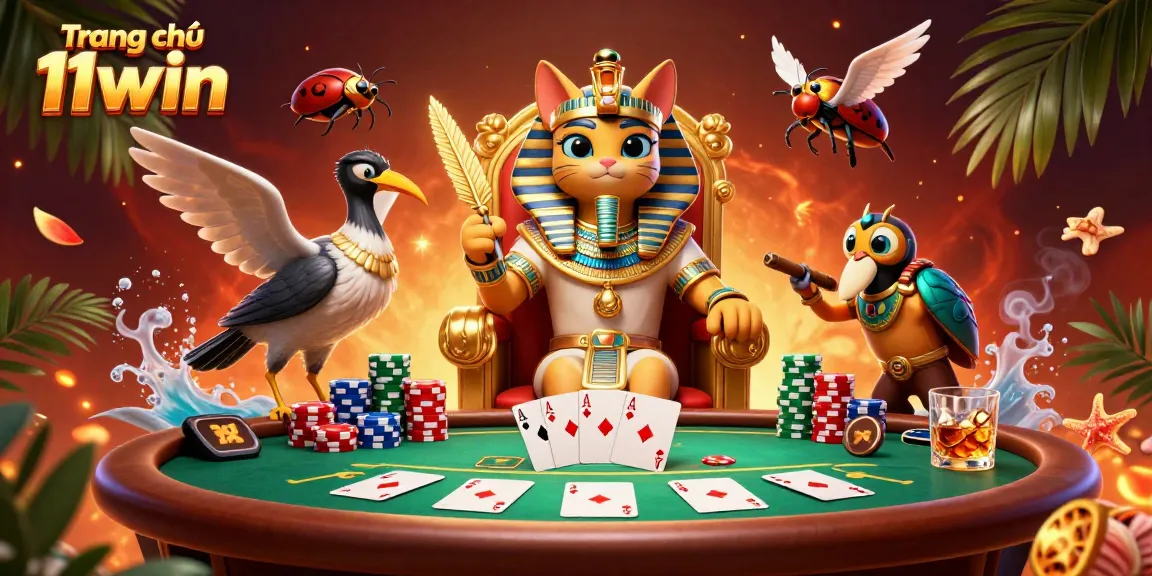 Experience the thrill of play at Trang chủ 11win, featuring a pharaoh cat and dynamic poker setup.